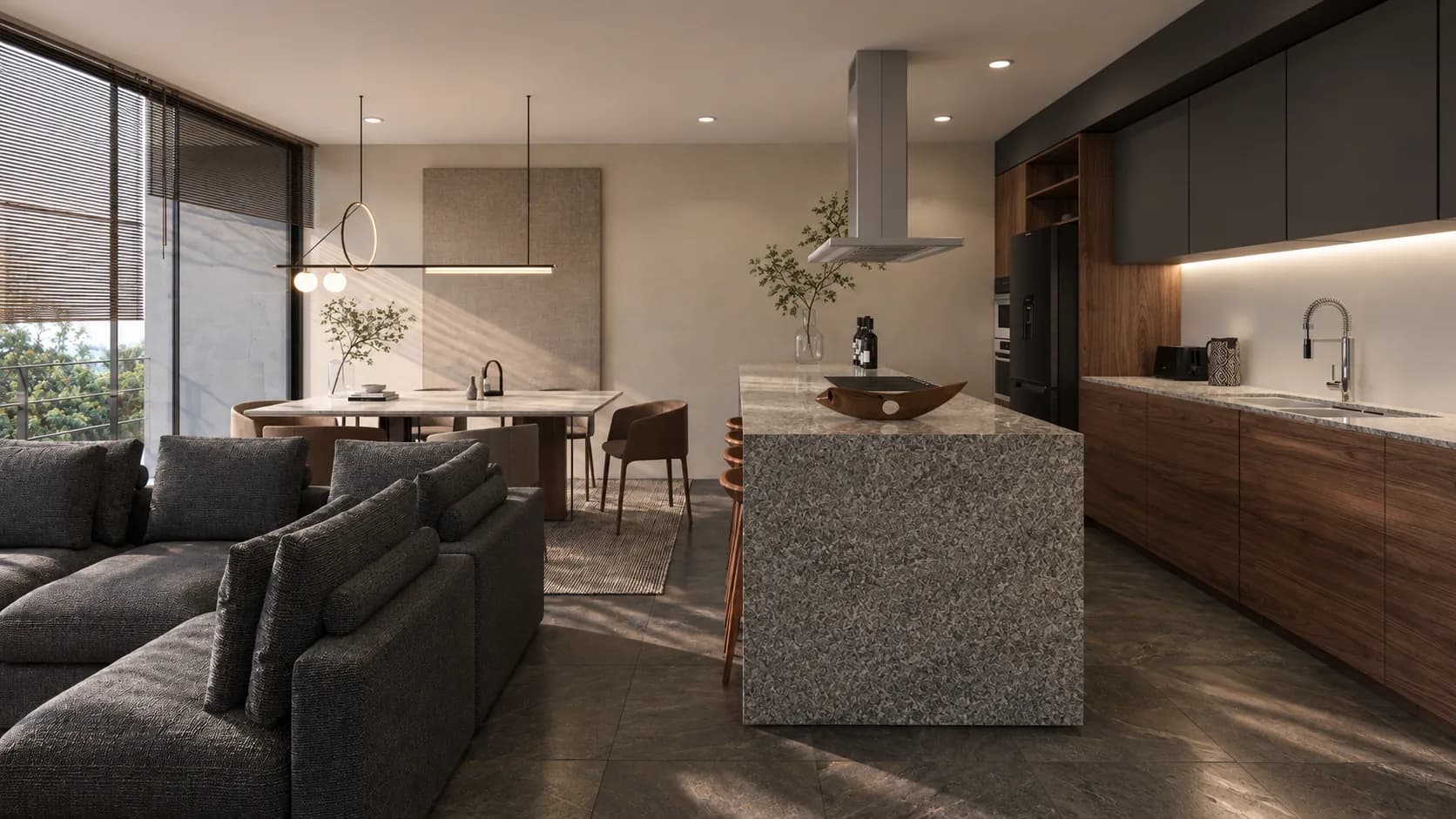 Sala y cocina abiertas de un departamento de Bosques, con isla de granito