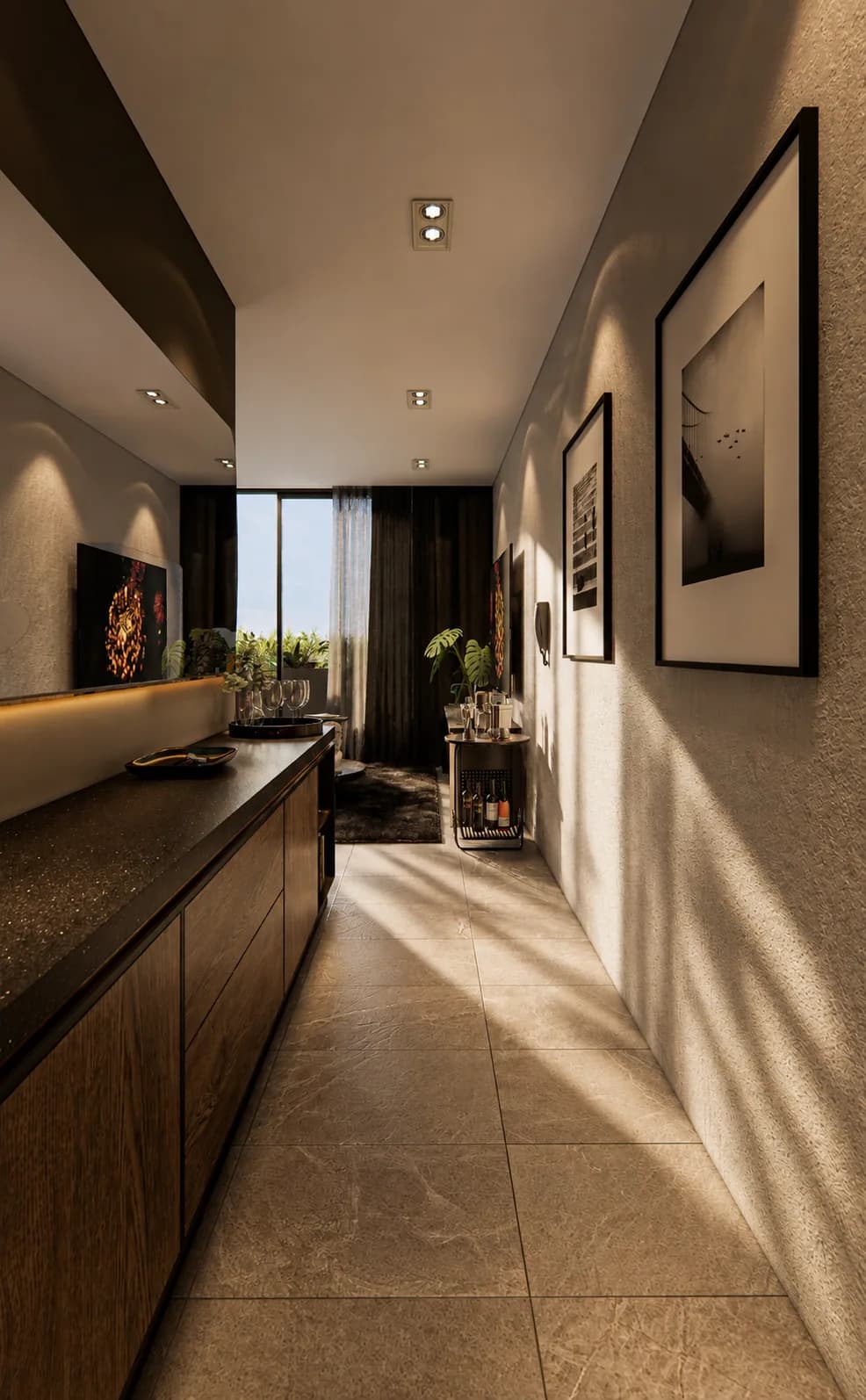 Pasillo de un departamento de Campestre, con mueble de madera y la luz del sol sobre el muro
