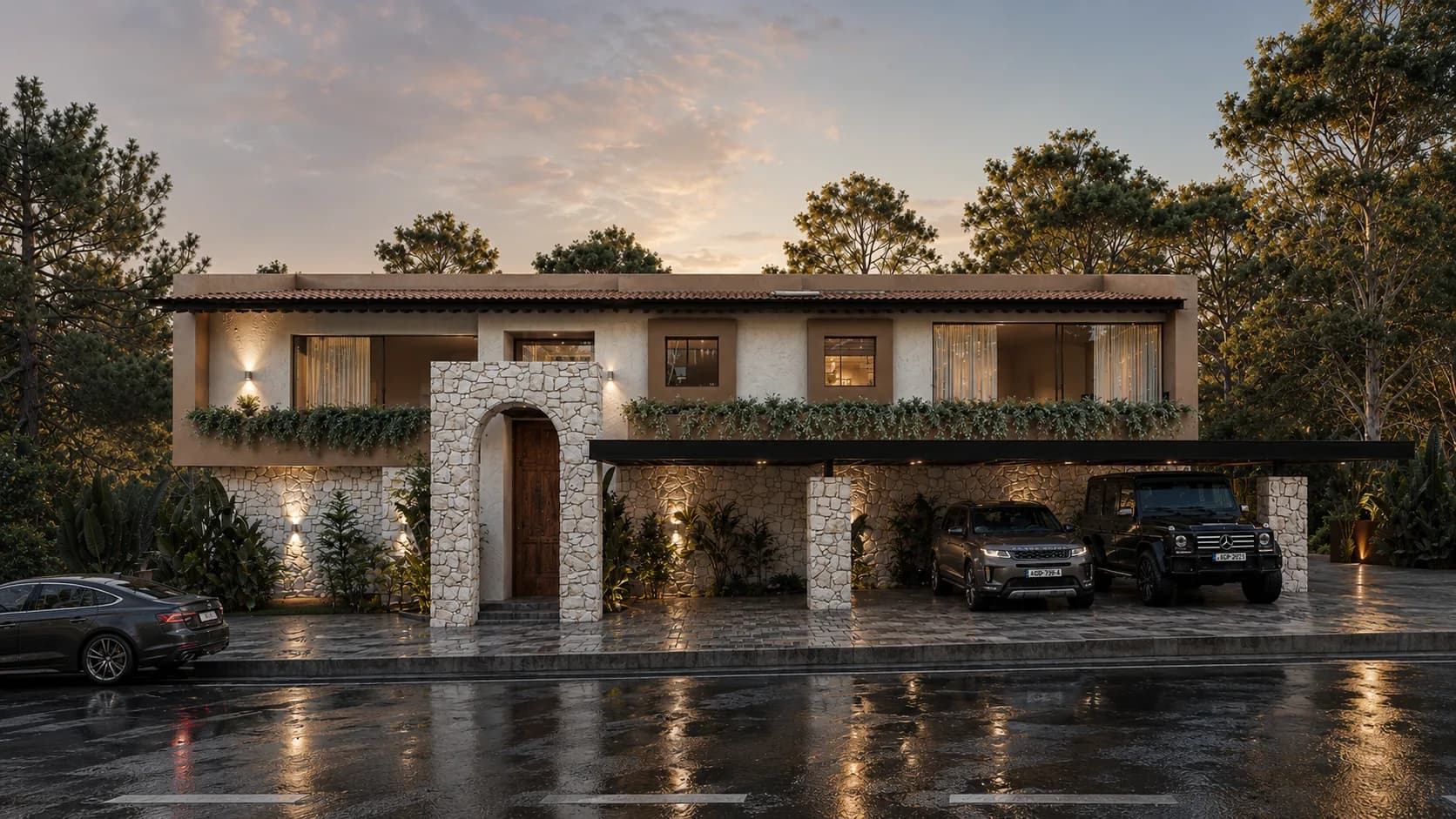 Fachada de la Residencia San Diego al atardecer, con la vegetación del talud