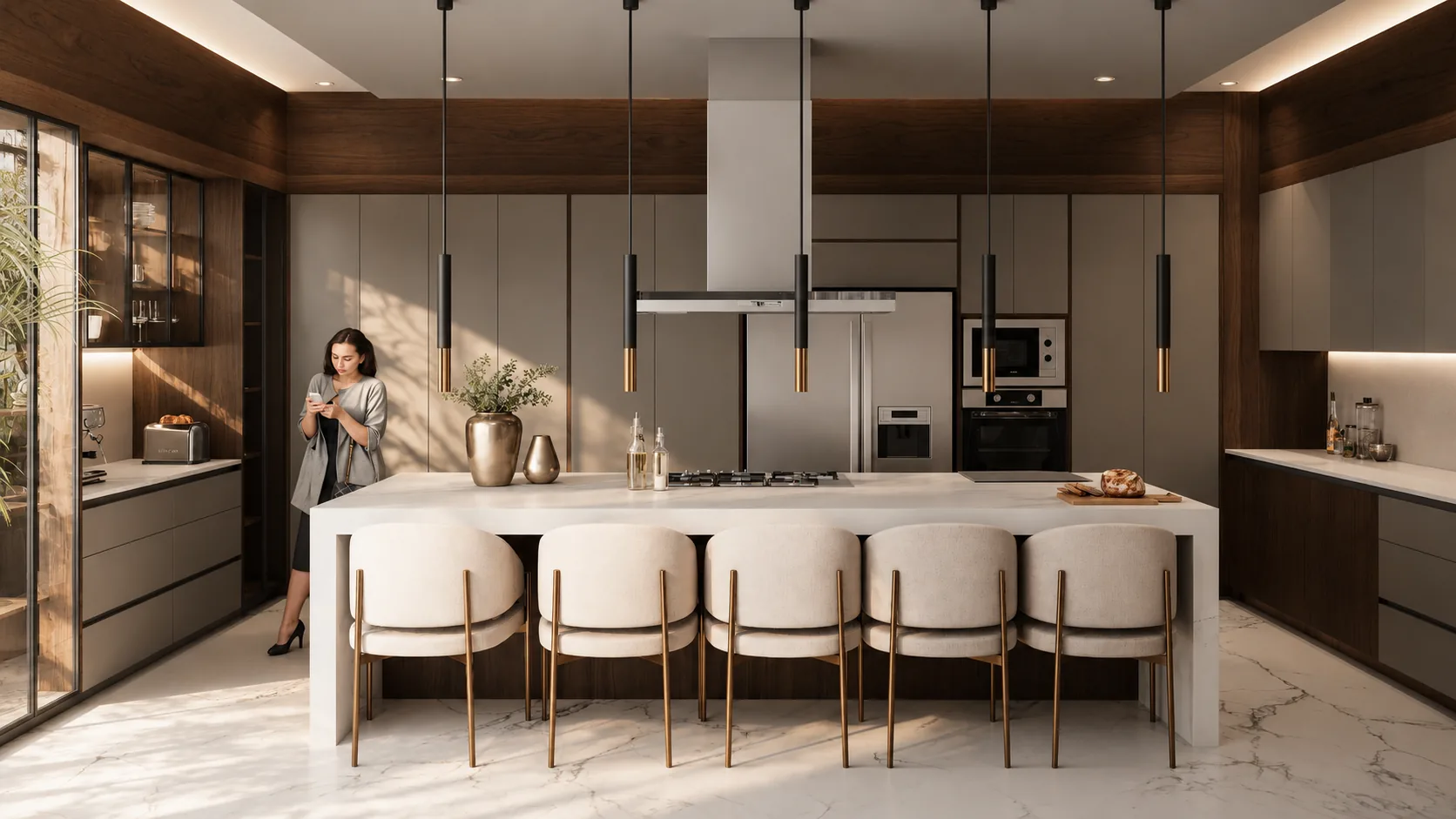 Cocina de la Residencia Santa Bárbara con isla de mármol y barra de desayuno