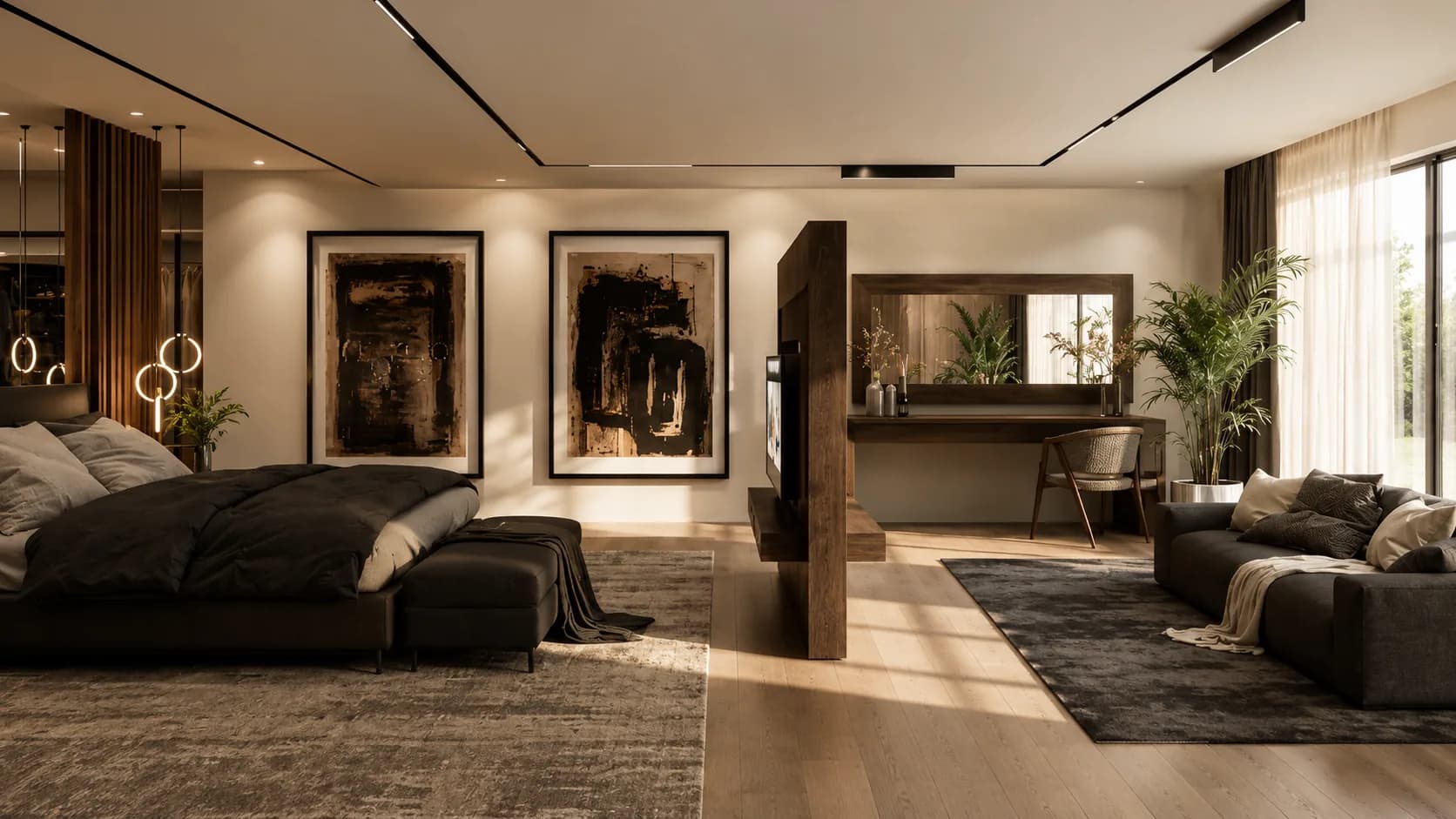 Recámara principal de la Residencia Santa Bárbara con cabecera de madera