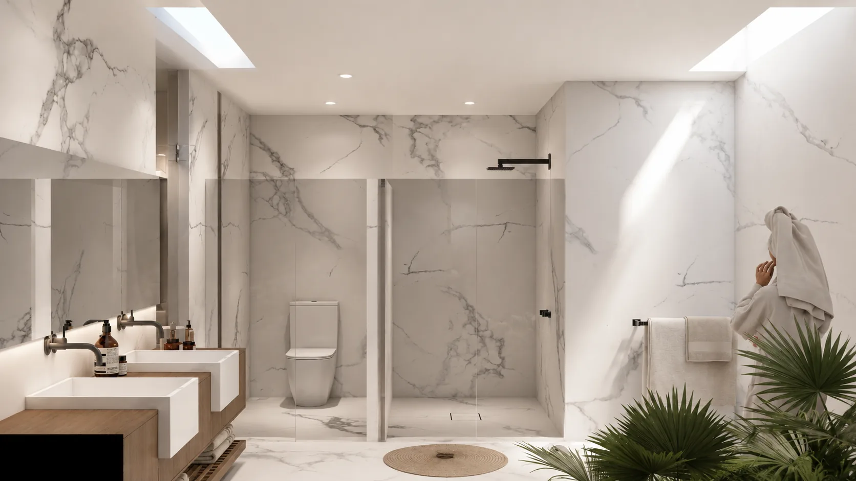 Baño principal de la Residencia Santa Bárbara en mármol blanco