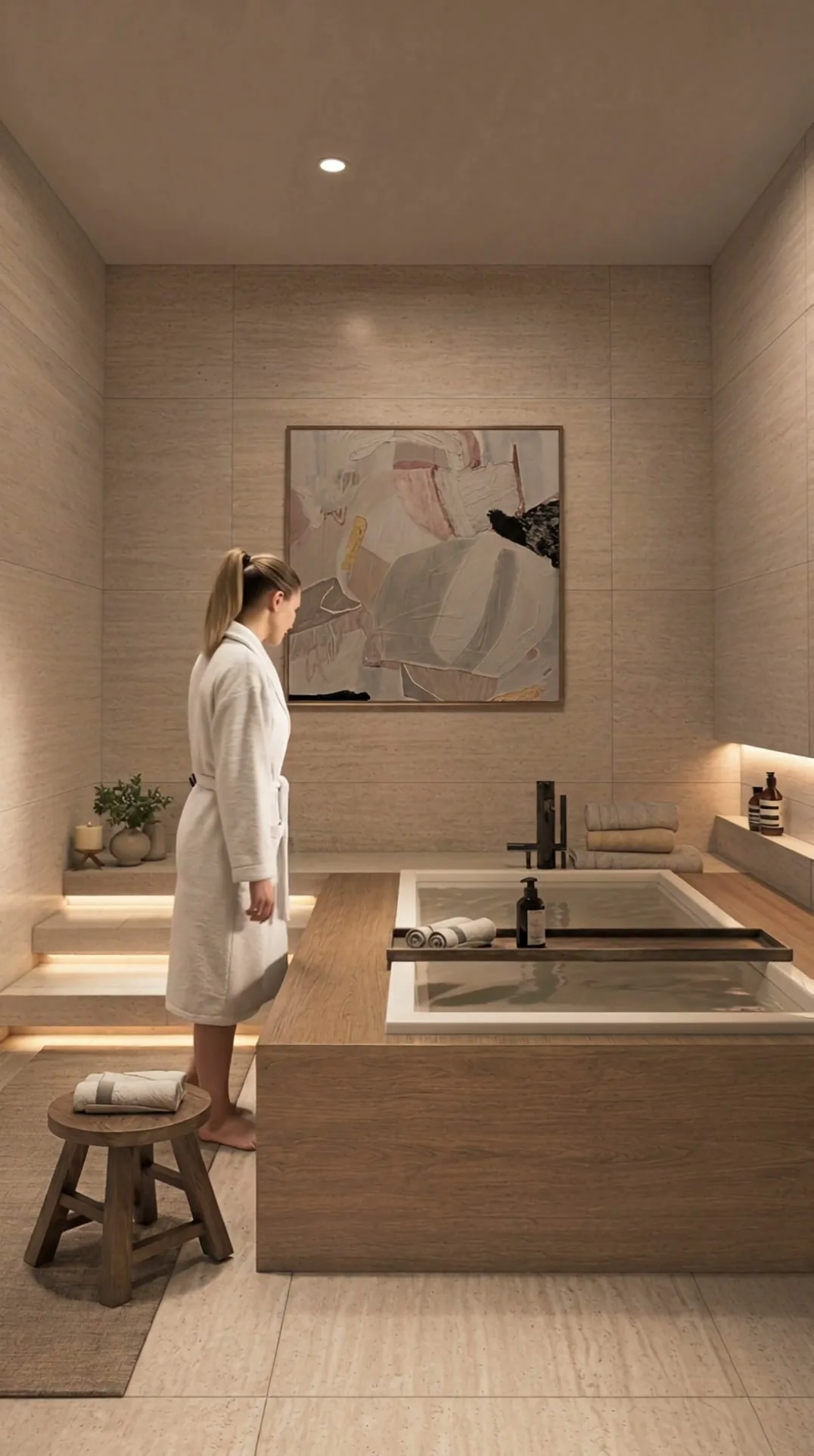 Recorrido por el baño principal de Residencia San Diego, con mármol travertino, vapor y jacuzzi