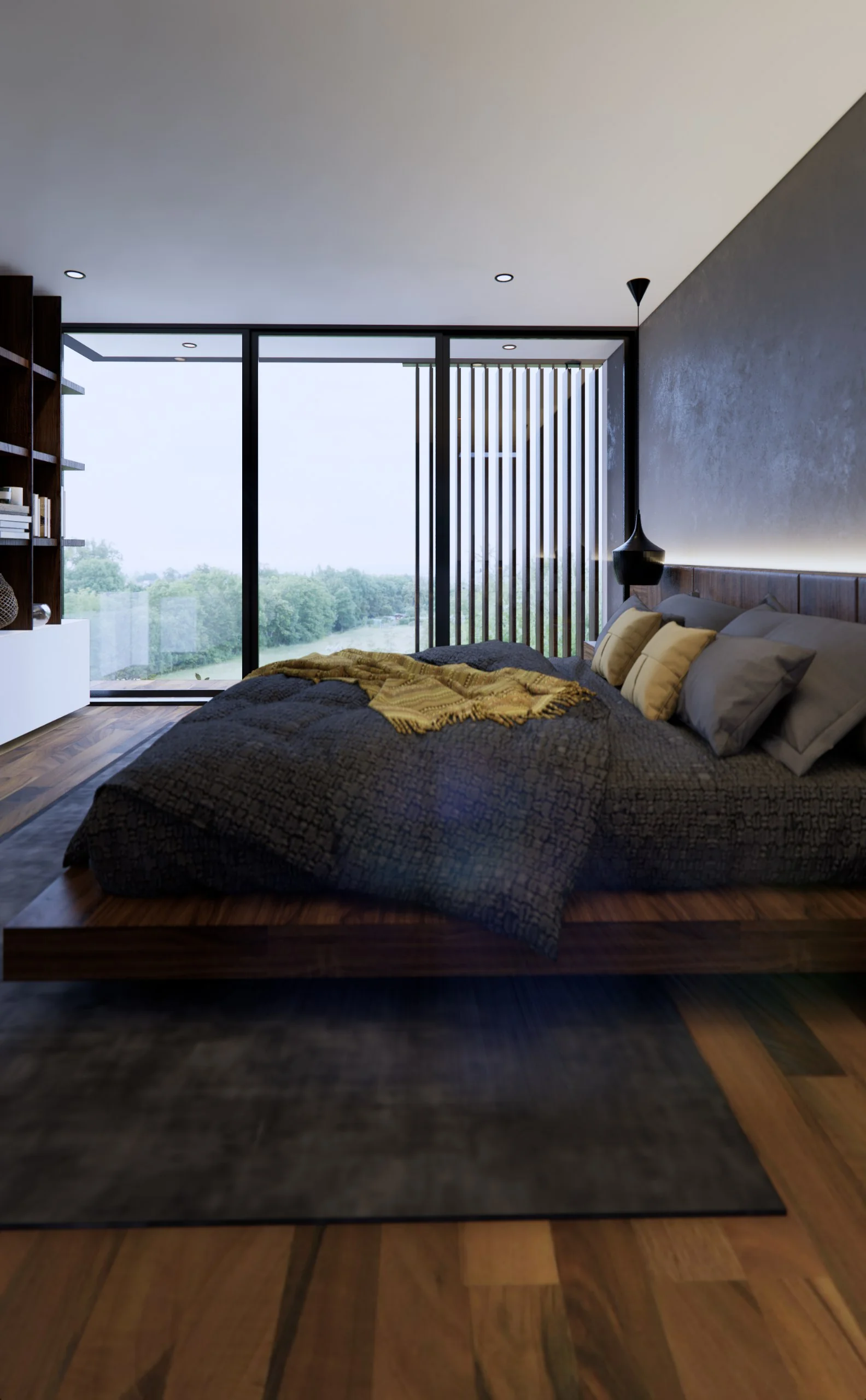 Recámara principal de Casa Grillos con cabecera de madera y ventanal al jardín