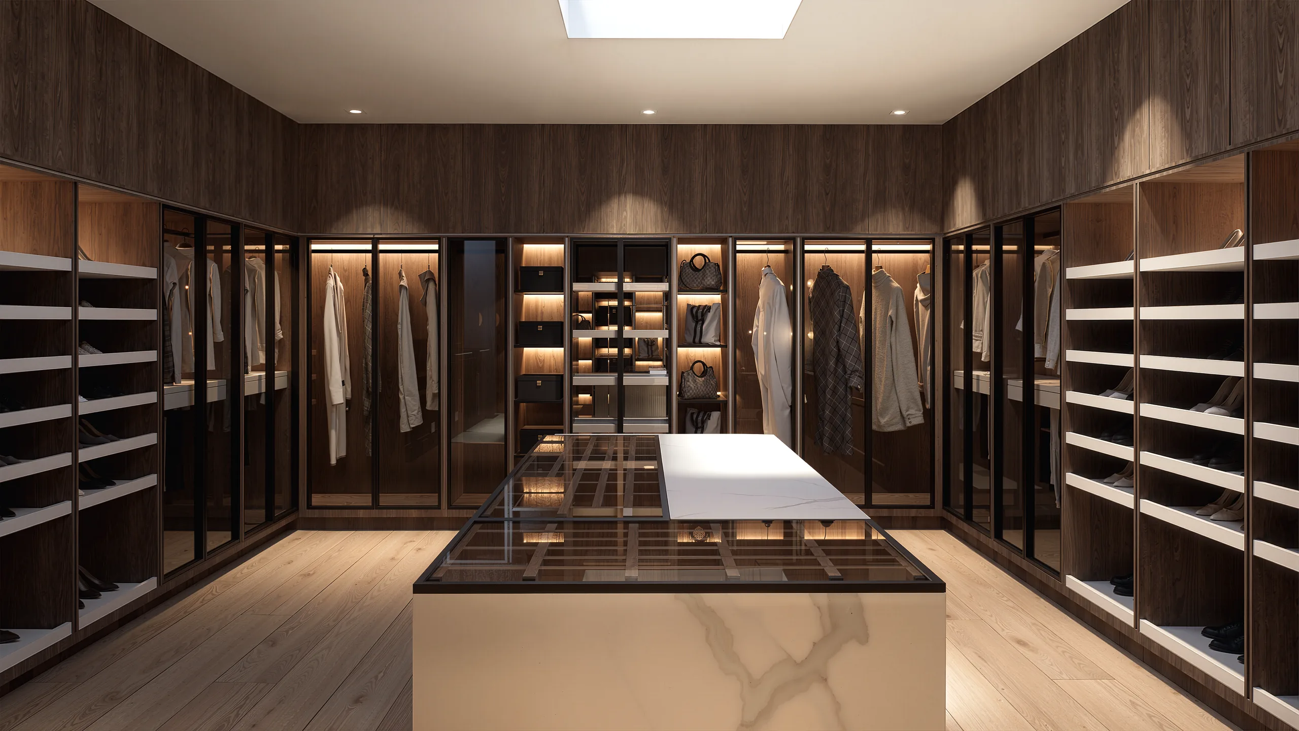 Vestidor de la Residencia Cardona con clósets de madera e isla central