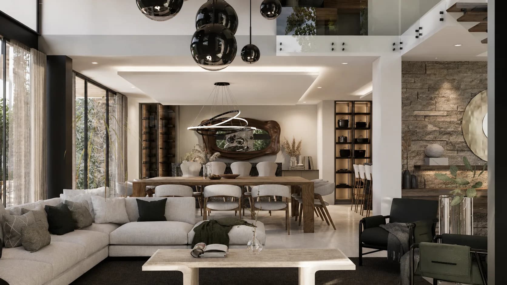 Sala de la Residencia Itzcar con ventanal al jardín y doble altura