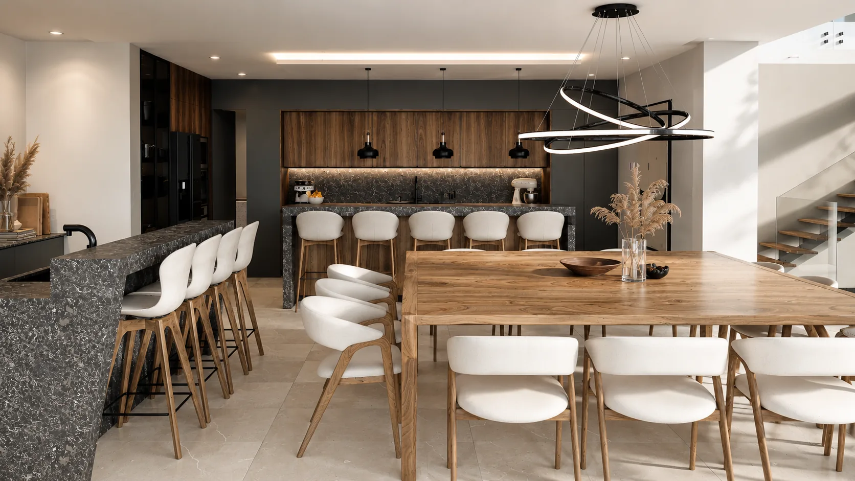 Comedor y cocina de la Residencia Itzcar, con isla y barra de desayuno