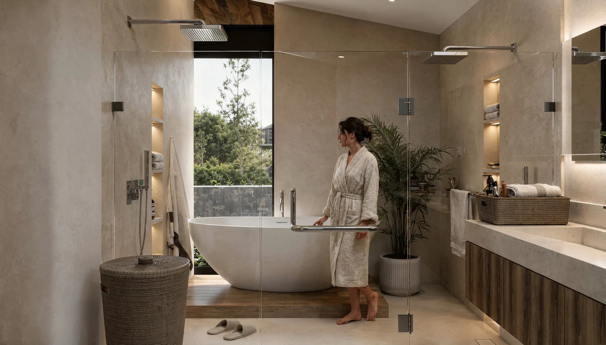 Baño principal de la Residencia Itzcar con tina exenta y ventanal
