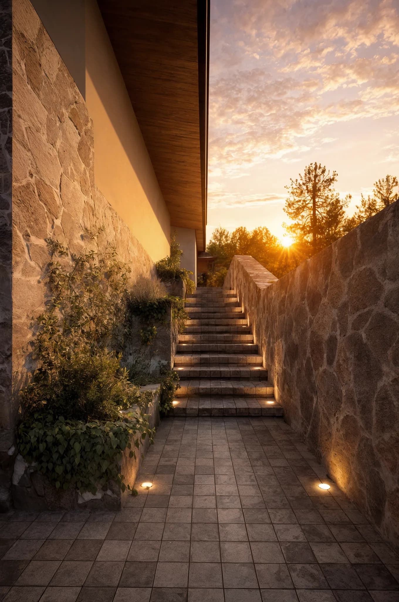 Escalera exterior de la Residencia Jade al atardecer, entre muros de piedra