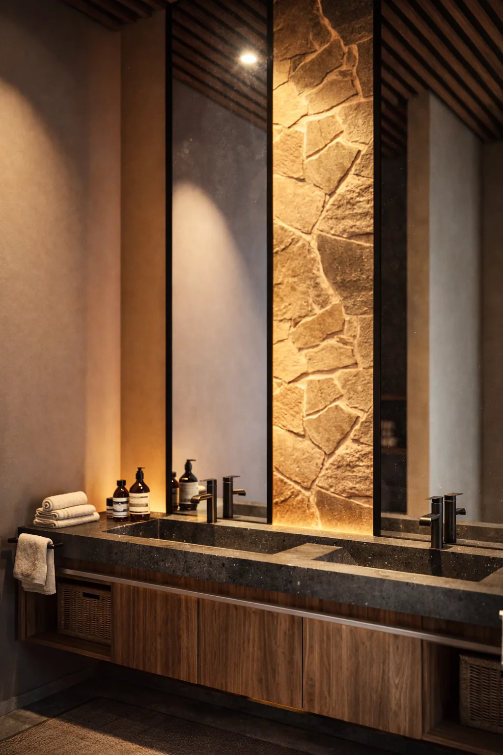 Baño de la Residencia Jade con lavabo de piedra y muro de cantera iluminado