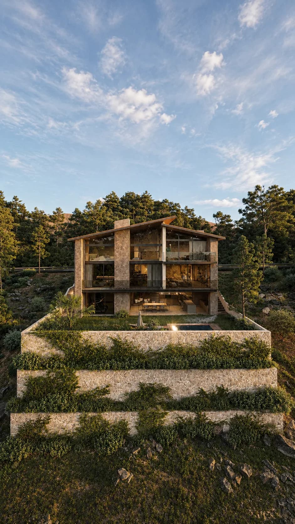 Fachada de la Residencia Monroy con terrazas escalonadas y jardinería