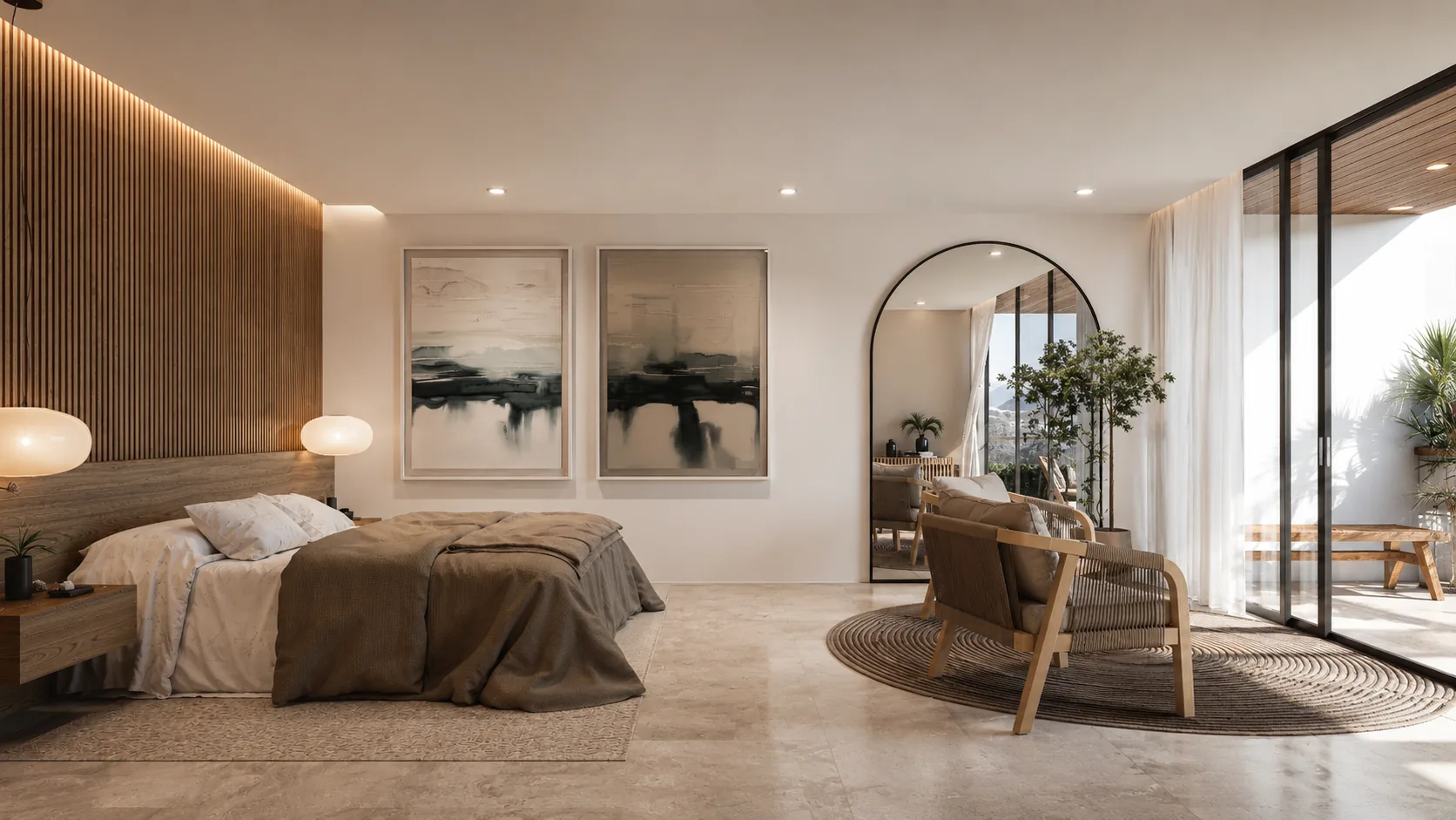 Recámara secundaria de la Residencia Quinta Mar con vista al jardín