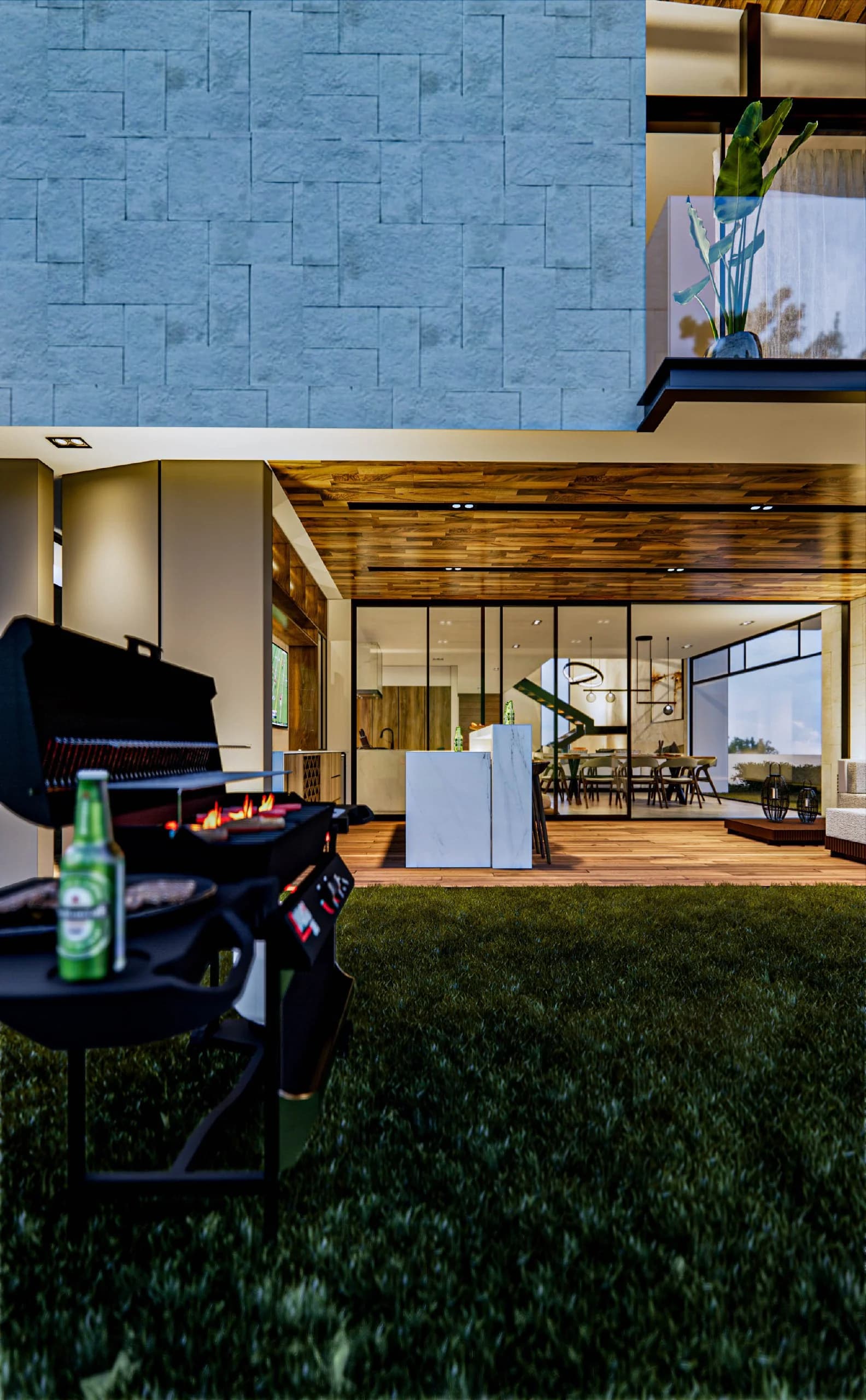 Render de la terraza de Casa Banak con asador y jardín, junto al muro de piedra