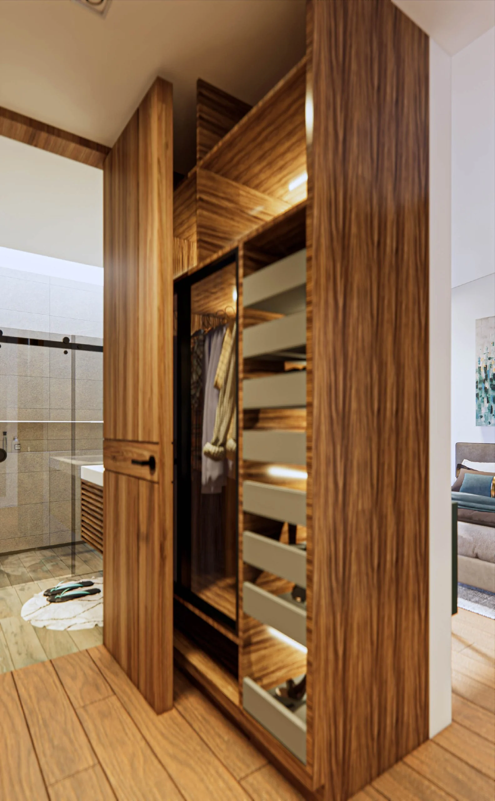 Render del vestidor de Casa Banak en madera, con paso al baño