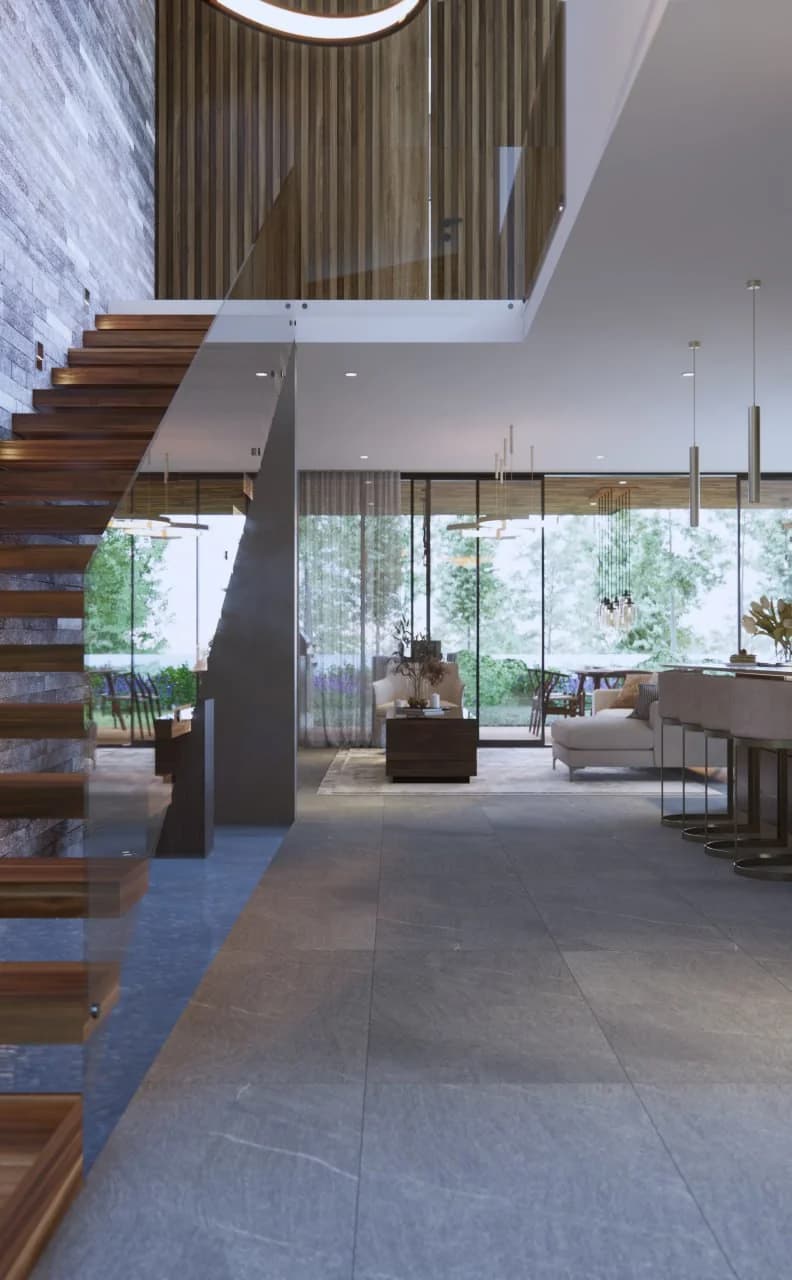 Render de la sala a doble altura de Casa del Bosque, con escalera volada y ventanal al jardín