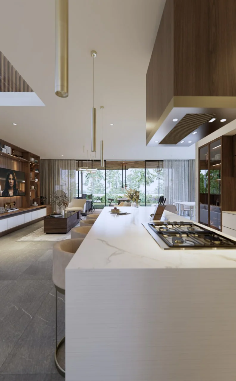 Render de la cocina de Casa del Bosque con isla blanca y campana de latón