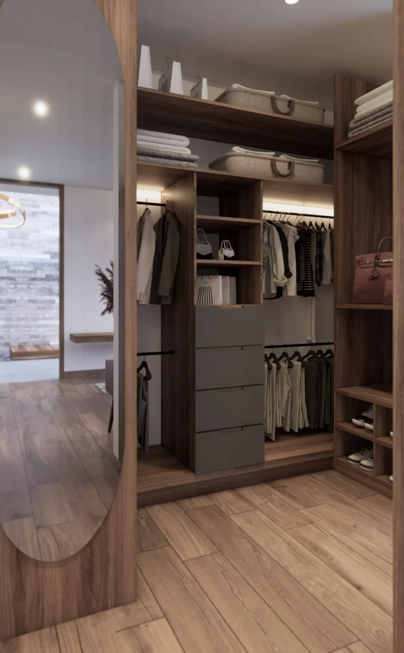 Render del vestidor de Casa del Bosque en madera, con isla central