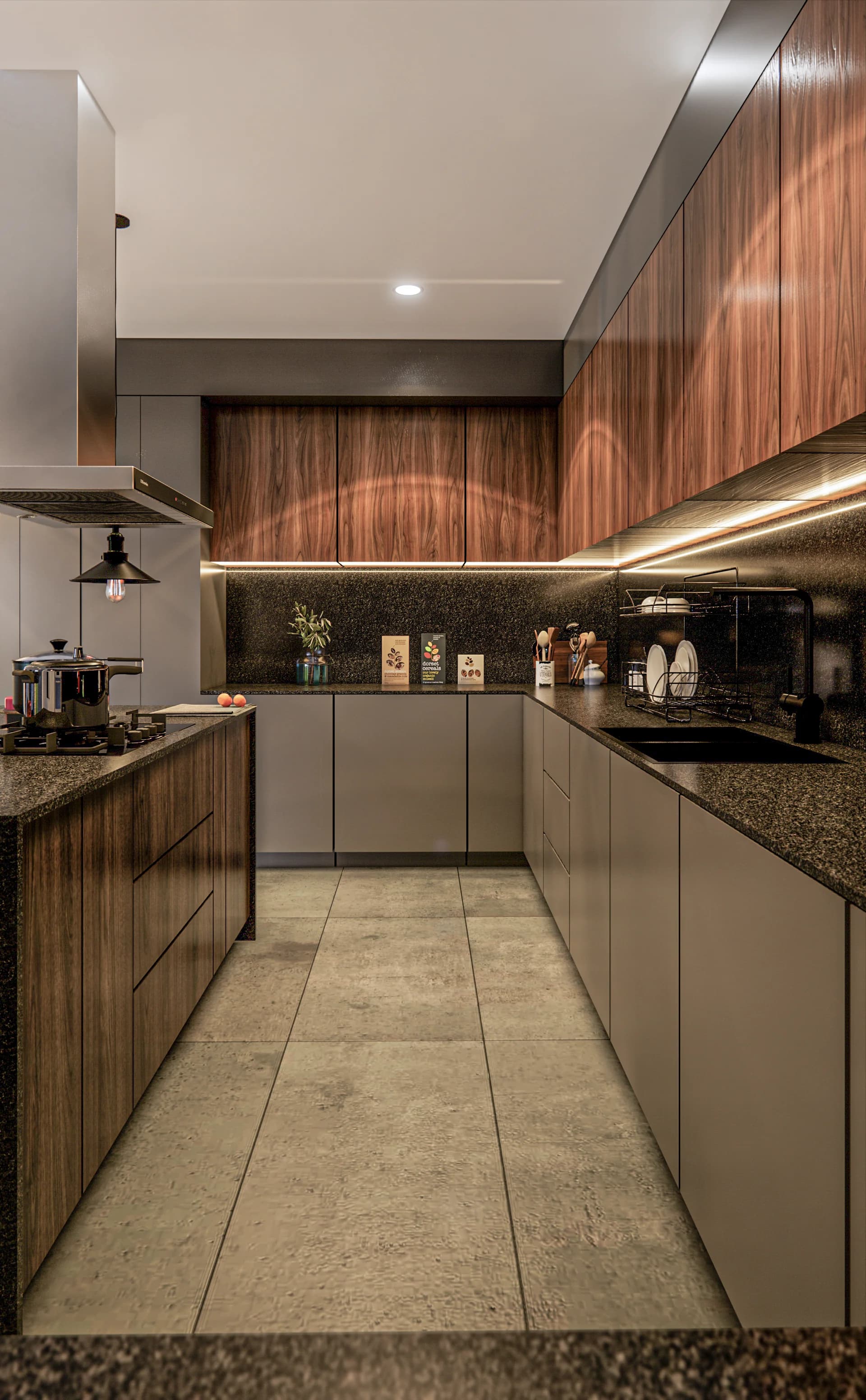 Render de la cocina alargada de Casa Lobos, con muebles de madera y barra oscura