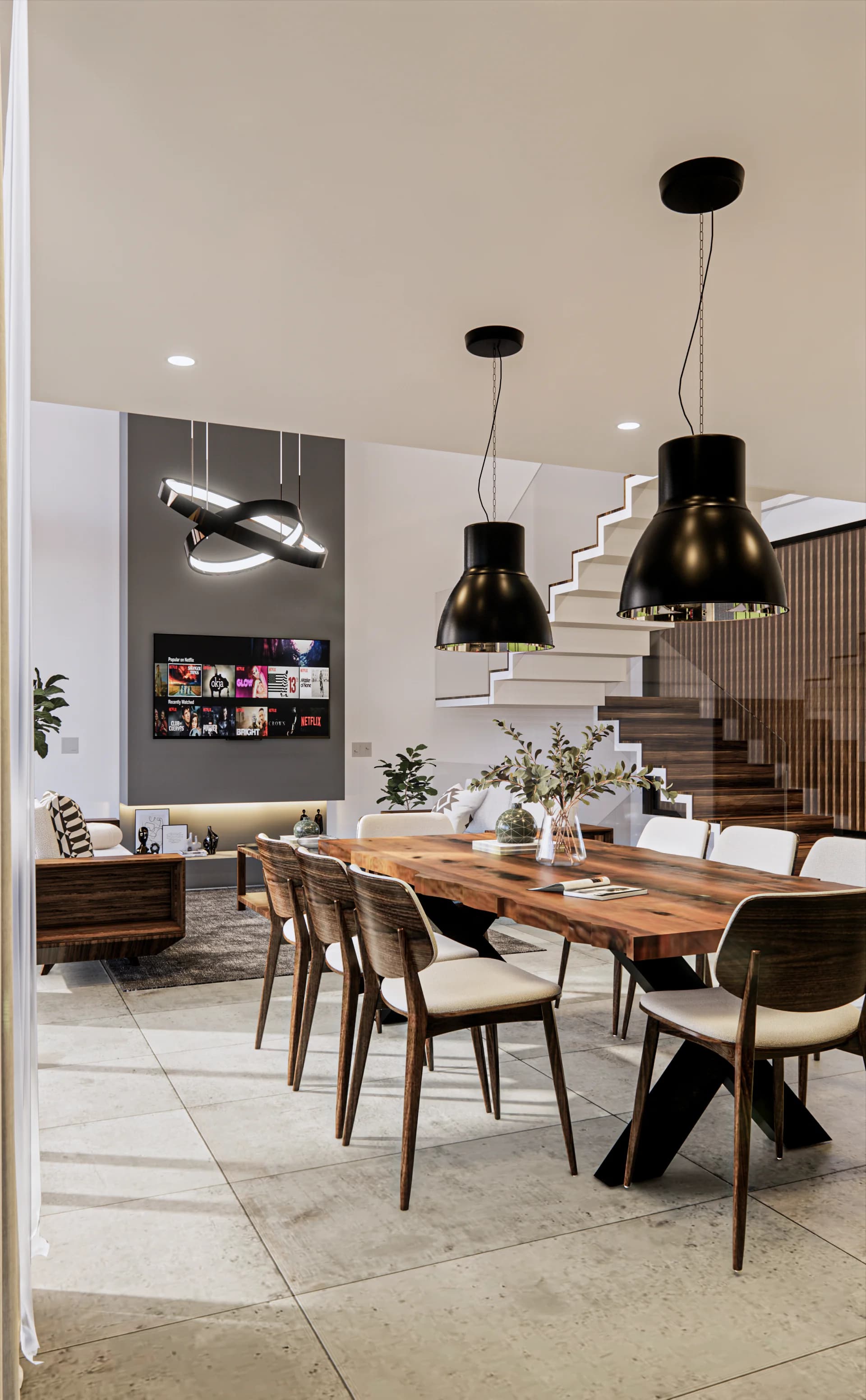 Render del comedor de Casa Lobos con mesa de madera y lámparas negras