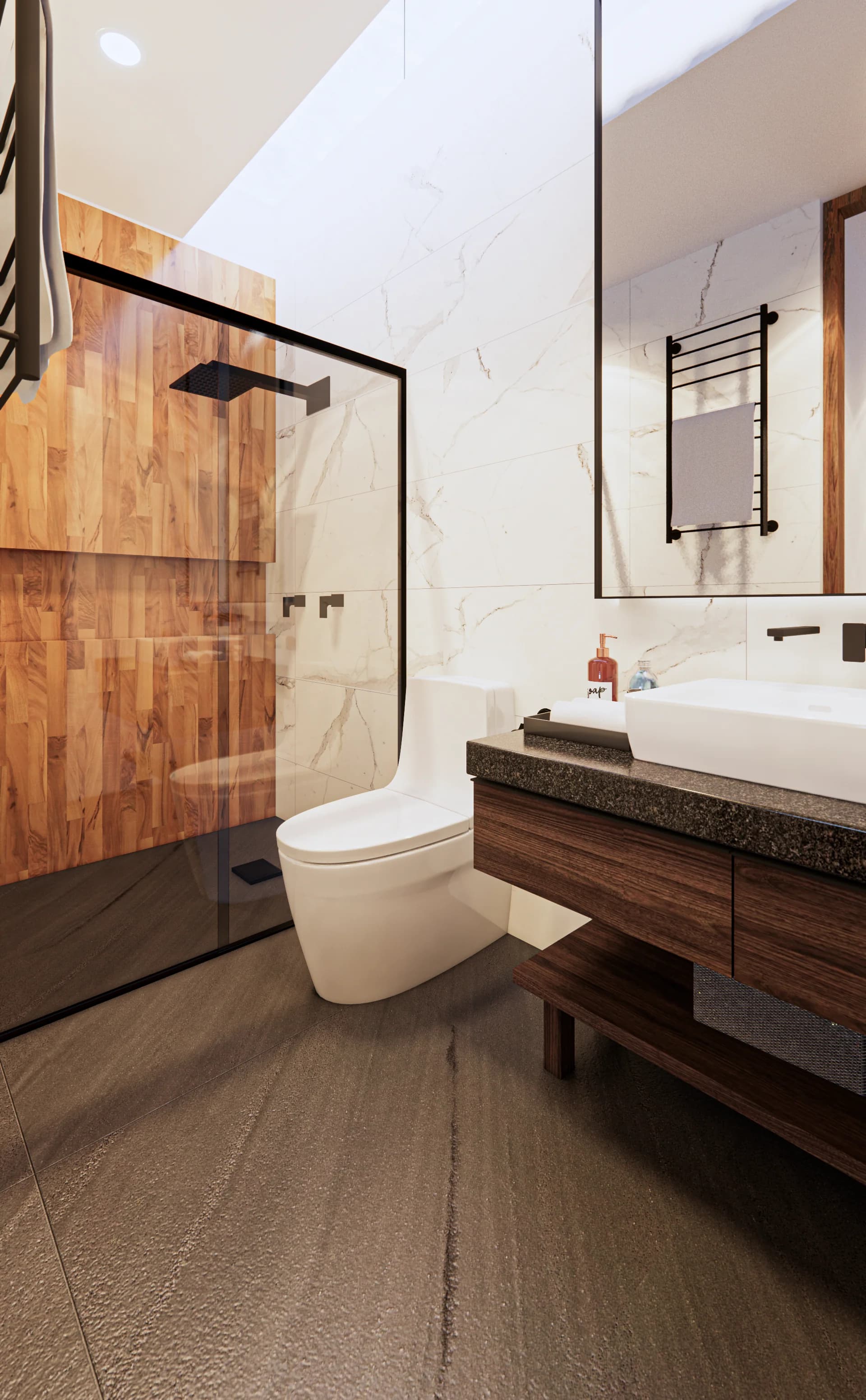 Render del baño de Casa Lobos con regadera de cristal y mueble de madera